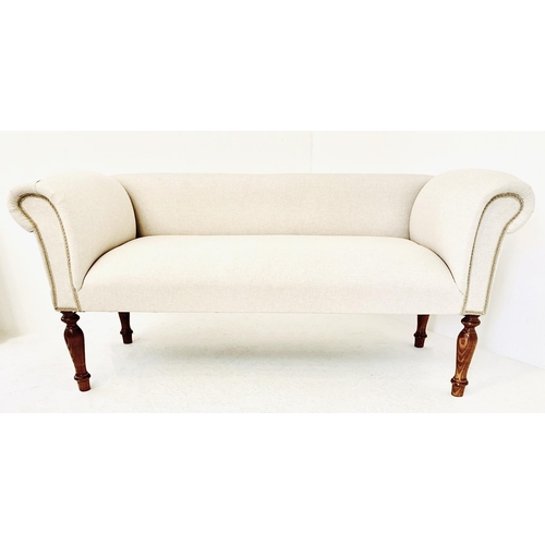 477 - SOFA, with neutral linen upholstery on turned wooden supports, 54cm x 140cm x 64cm.