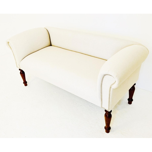 477 - SOFA, with neutral linen upholstery on turned wooden supports, 54cm x 140cm x 64cm.