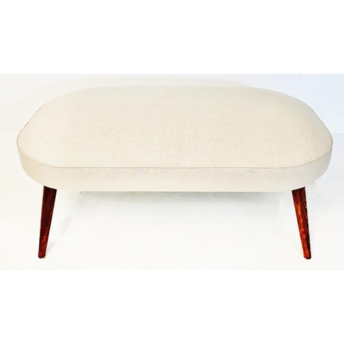 478 - FOOTSTOOL, 1950s Italian style, with neutral linen upholstery on tapered wooden supports,  43cm x 10... 