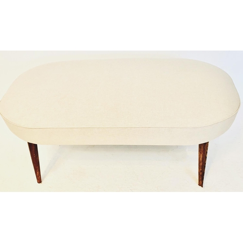 478 - FOOTSTOOL, 1950s Italian style, with neutral linen upholstery on tapered wooden supports,  43cm x 10... 