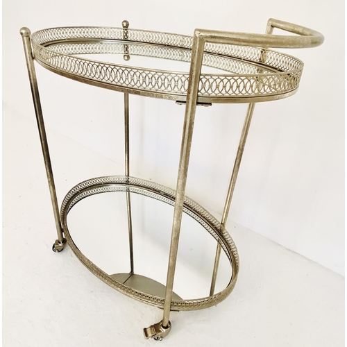 479 - MAISON JANSEN COCKTAIL TROLLEY, silvered metal frame with two mirrored tiers, 87cm H x 78cm x 47cm.