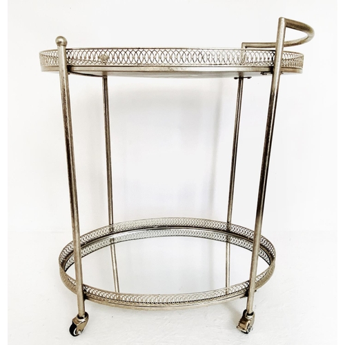 479 - MAISON JANSEN COCKTAIL TROLLEY, silvered metal frame with two mirrored tiers, 87cm H x 78cm x 47cm.