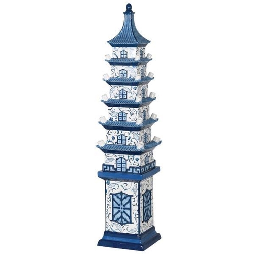 481 - DELFTAWARE STYLE PAGODA TULIP VASE, blue and white ceramic, 90cm H x 19cm x 19cm.