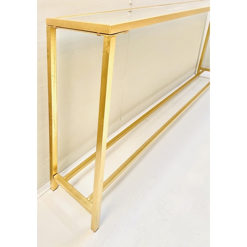 482 - CONSOLE TABLE, gilt metal with mirrored top, 79cm H x 152cm x 25cm.