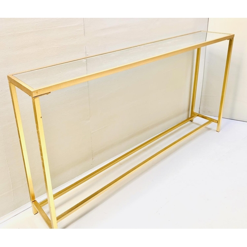 482 - CONSOLE TABLE, gilt metal with mirrored top, 79cm H x 152cm x 25cm.