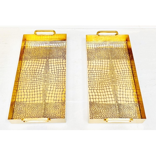 483 - DRINKS TRAYS, a pair, gilt metal with faux snake skin embossed metal design, 8cm H x 23cm x 49cm. (2... 