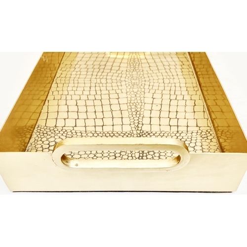 483 - DRINKS TRAYS, a pair, gilt metal with faux snake skin embossed metal design, 8cm H x 23cm x 49cm. (2... 