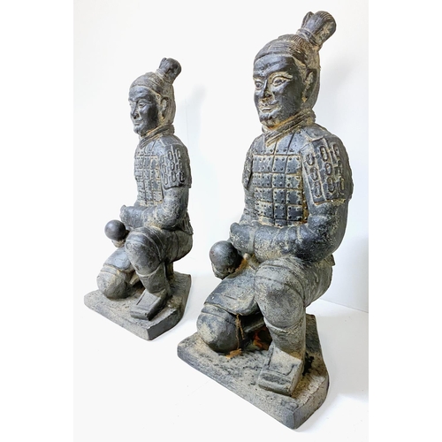 486 - TERRACOTTA WARRIOR STYLE FIGURES, a pair, kneeling pose, painted resin, 76cm H x 34cm x 34cm. (2)