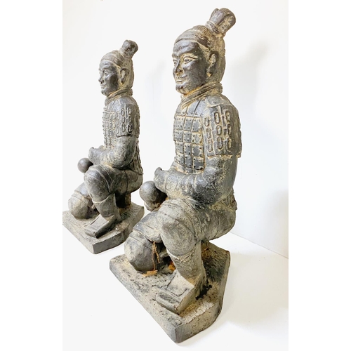 486 - TERRACOTTA WARRIOR STYLE FIGURES, a pair, kneeling pose, painted resin, 76cm H x 34cm x 34cm. (2)