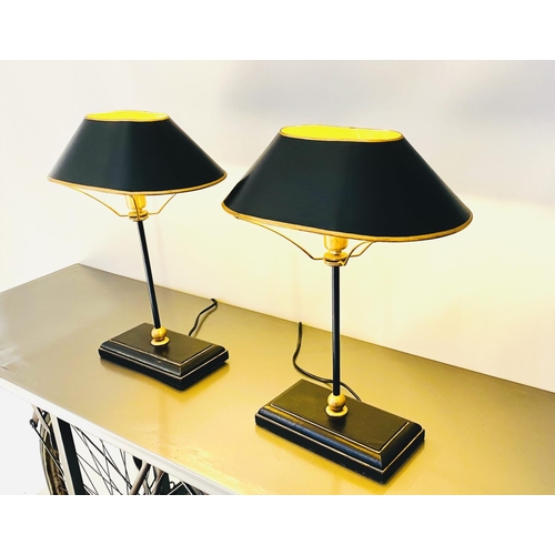 493 - BOUILLOTTE STYLE TABLE LAMPS, a pair, black and gilt finish, 42cm H x 31cm x 20cm. (2)