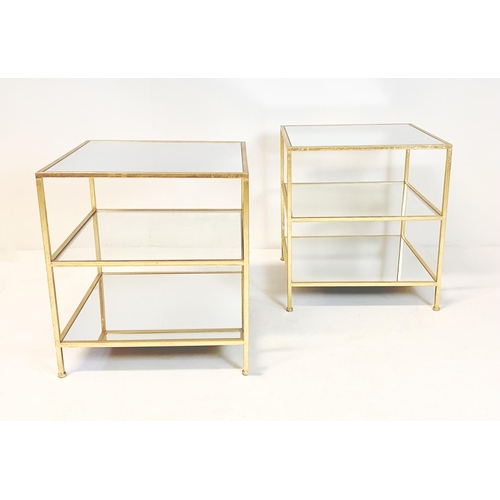 494 - SIDE TABLES, a pair, gilt metal with three tiers and square mirrored tops, 51cm H x 51cm x 56cm. (2)