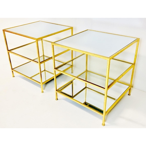 494 - SIDE TABLES, a pair, gilt metal with three tiers and square mirrored tops, 51cm H x 51cm x 56cm. (2)