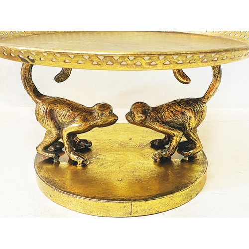 495 - TAZZAS, a pair, monkey supports, gilt finish, 20cm H x 35cm x 35cm. (2)