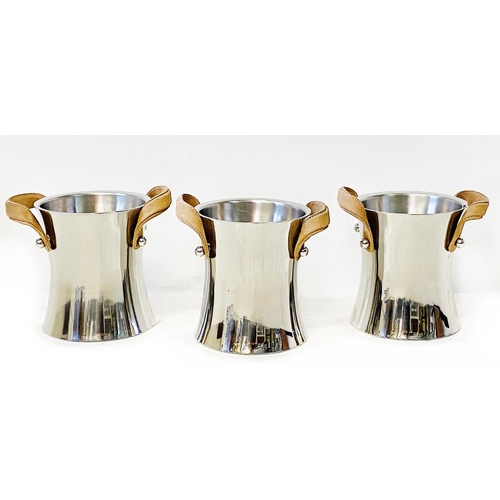 496 - WINE COOLERS, a set of three, contemporary concave design polished metal with leathered handles, 23c... 