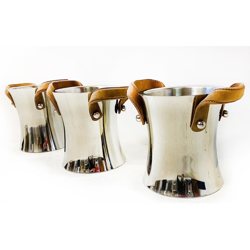 496 - WINE COOLERS, a set of three, contemporary concave design polished metal with leathered handles, 23c... 