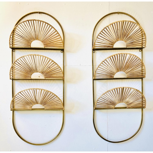 498 - WALL MOUNTED MAGAZINE HOLDERS, a pair, rattan and gilt metal, 94cm H x 36cm x 13cm. (2)