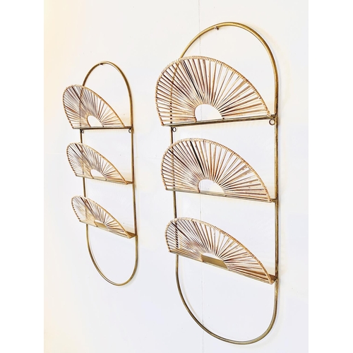 498 - WALL MOUNTED MAGAZINE HOLDERS, a pair, rattan and gilt metal, 94cm H x 36cm x 13cm. (2)