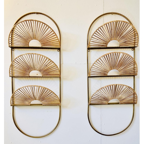 498 - WALL MOUNTED MAGAZINE HOLDERS, a pair, rattan and gilt metal, 94cm H x 36cm x 13cm. (2)