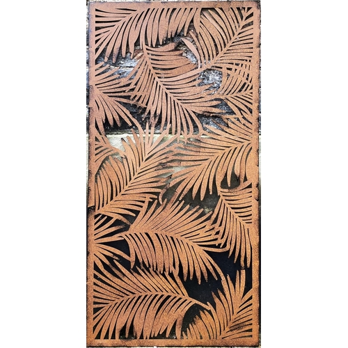 501 - ARCHITECTURAL GARDEN PANELS, a set of three, metal with palm leaf design, each panel 120cm H x 60cm.... 