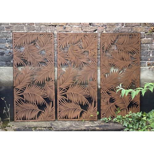 501 - ARCHITECTURAL GARDEN PANELS, a set of three, metal with palm leaf design, each panel 120cm H x 60cm.... 