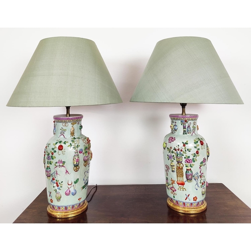 502 - BESSELINK & JONES TABLE LAMPS, a pair, Chinese style ceramic with raised details, 45cm H to top of b... 