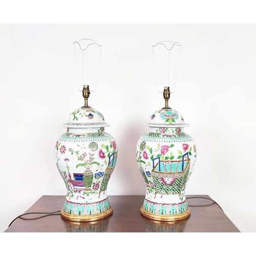 503 - BESSELINK & JONES TABLE LAMPS, a pair, Chinese style ceramic temple jar form, 57cm H to top of bulb ... 