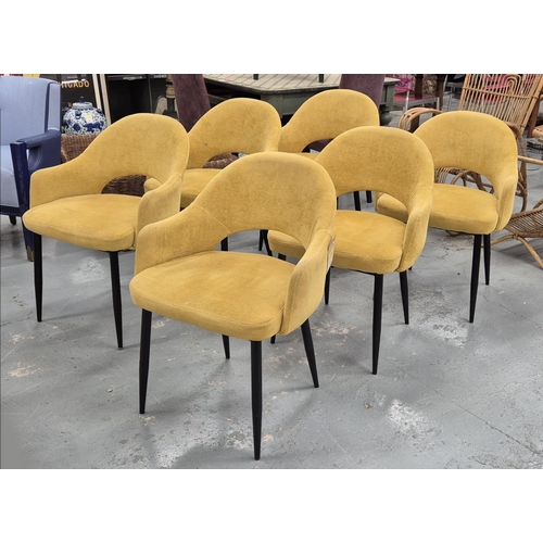 516 - DINING CHAIRS, a set of six, yellow fabric upholstered, 78.5cm H each. (6)