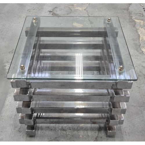 537 - SIDE TABLE, polished metal, glass top, 50cm x 50cm x 41cm approx.