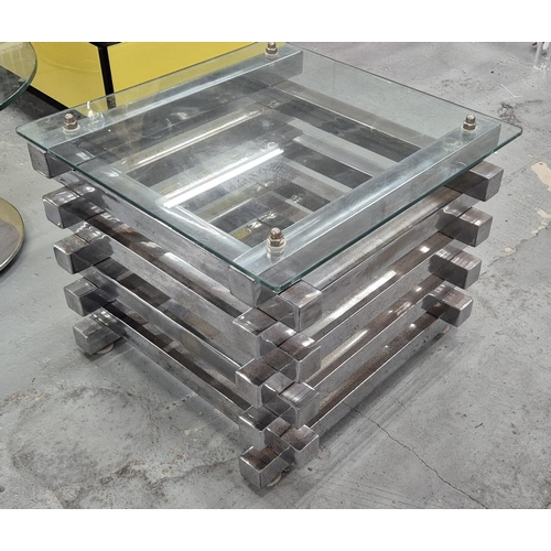 537 - SIDE TABLE, polished metal, glass top, 50cm x 50cm x 41cm approx.