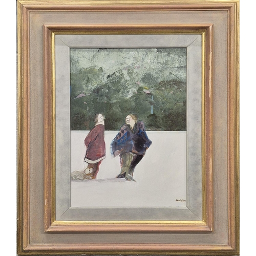 62 - RAY WOOLDRIDGE, (b. 1934), 'Japanese figures', a pair of oils on board, 44cm x 29cm, framed.