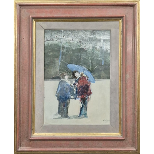 62 - RAY WOOLDRIDGE, (b. 1934), 'Japanese figures', a pair of oils on board, 44cm x 29cm, framed. (2)