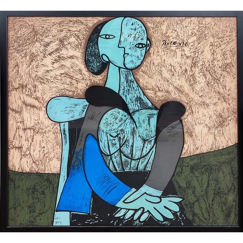 96 - AFTER PABLO PICASSO, 'Seated Woman in Blue', framed textile, signed in the plate, 76cm x 75cm.