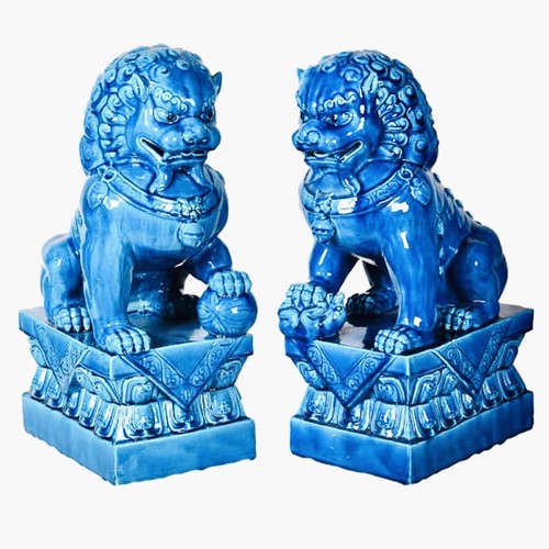 487 - FOO DOGS, a pair, blue glazed ceramic, 40cm H x 15cm x 25cm. (2)