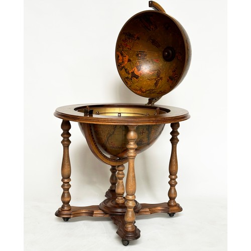 298 - GLOBE COCKTAIL CABINET, in the form of an antique terrestrial globe on stand with rising lid and fit... 