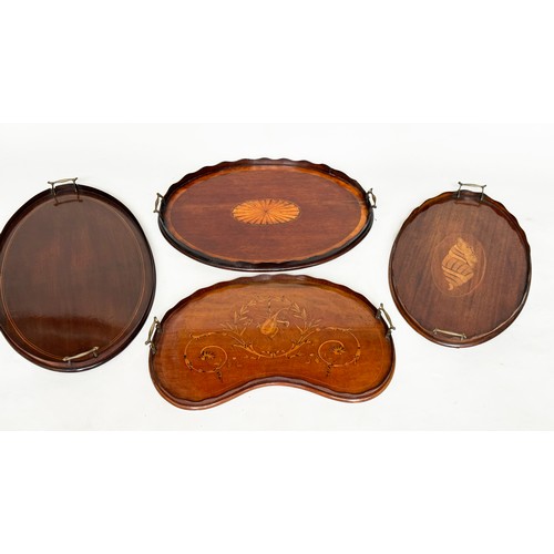 148 - EDWARDIAN TRAY, kidney shaped mahogany with musical instrument and scroll satinwood inlay, 62cm x 40... 