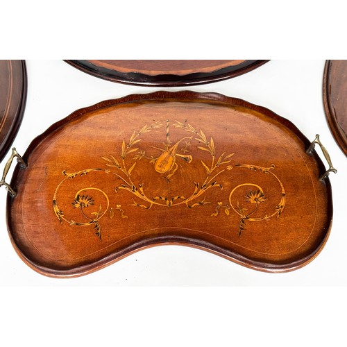 148 - EDWARDIAN TRAY, kidney shaped mahogany with musical instrument and scroll satinwood inlay, 62cm x 40... 