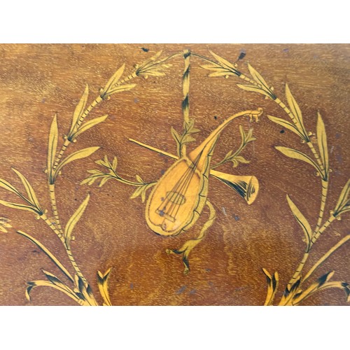 148 - EDWARDIAN TRAY, kidney shaped mahogany with musical instrument and scroll satinwood inlay, 62cm x 40... 