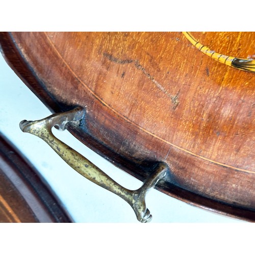 148 - EDWARDIAN TRAY, kidney shaped mahogany with musical instrument and scroll satinwood inlay, 62cm x 40... 