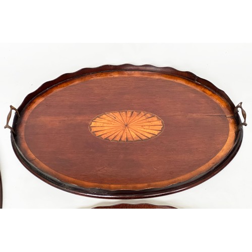 148 - EDWARDIAN TRAY, kidney shaped mahogany with musical instrument and scroll satinwood inlay, 62cm x 40... 