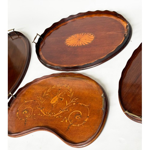 148 - EDWARDIAN TRAY, kidney shaped mahogany with musical instrument and scroll satinwood inlay, 62cm x 40... 