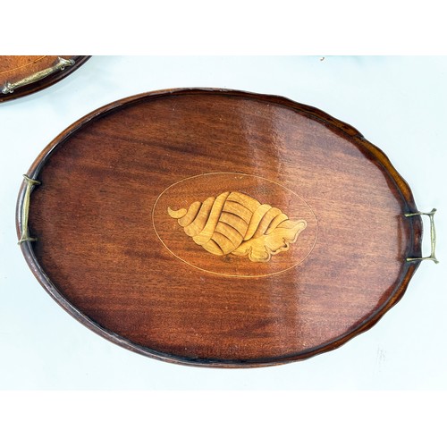 148 - EDWARDIAN TRAY, kidney shaped mahogany with musical instrument and scroll satinwood inlay, 62cm x 40... 