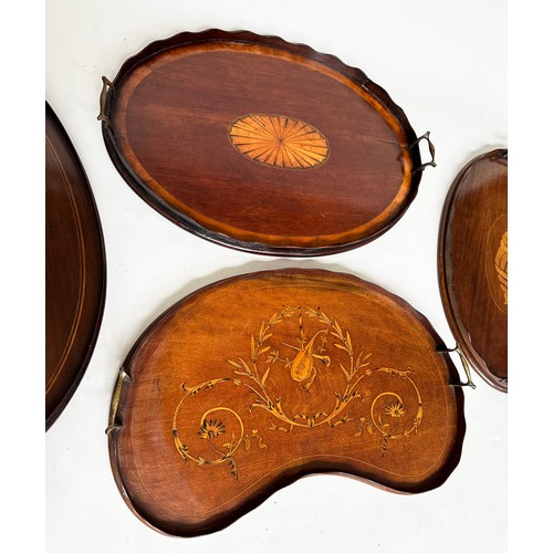 148 - EDWARDIAN TRAY, kidney shaped mahogany with musical instrument and scroll satinwood inlay, 62cm x 40... 