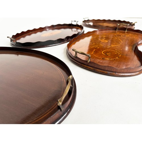 148 - EDWARDIAN TRAY, kidney shaped mahogany with musical instrument and scroll satinwood inlay, 62cm x 40... 