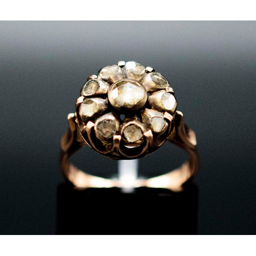 23 - 8CT YELLOW GOLD VICTORIAN-STYLE CLUSTER RING SET, with rose-cut diamonds, 0.45ct approx, with stylis... 