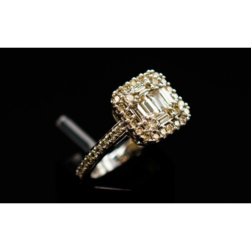 27 - 9CT WHBITE GOLD SQUARE RBC AND BAGUETTE DIAMOND CLUSTER RING, diamonds 1.00ct.