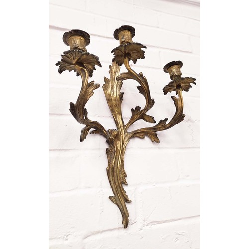 173 - WALL LIGHTS, a pair, 19th century French brass with triple branches, 42cm H x 33cm. (2)