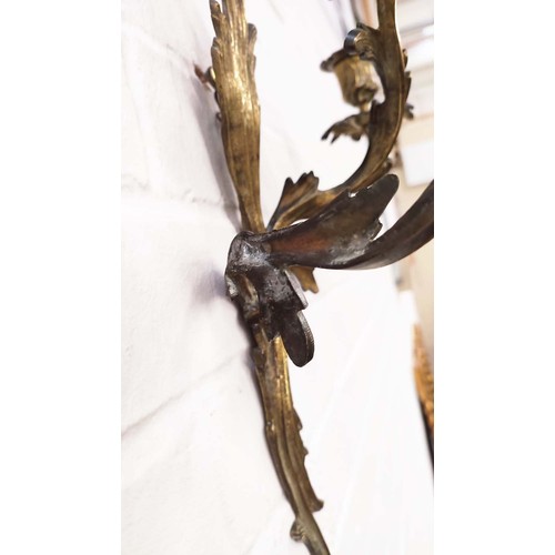 173 - WALL LIGHTS, a pair, 19th century French brass with triple branches, 42cm H x 33cm. (2)