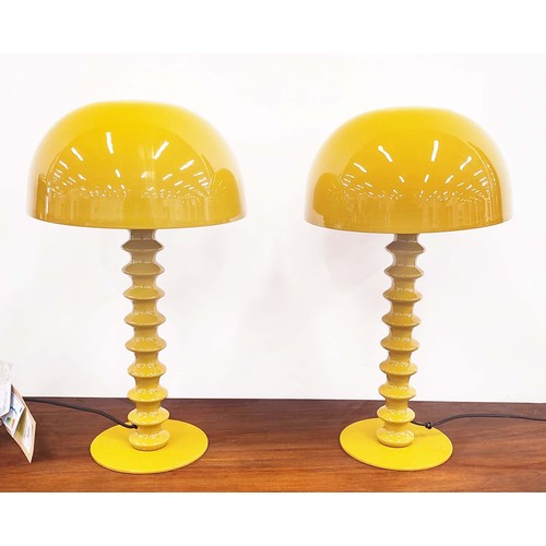 308 - MUSHROOM TABLE LAMPS, a pair, 1960's style yellow metal, 50cm H. (2)