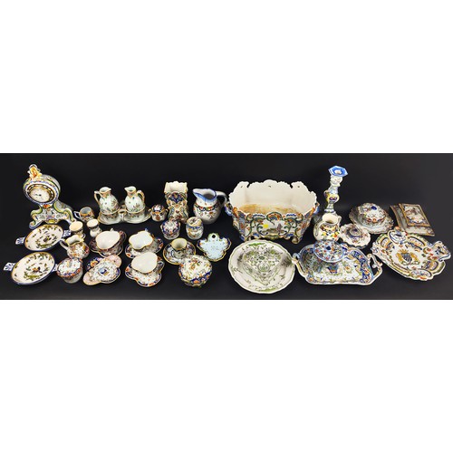 22 - QUANTITY OF FRENCH FAIENCE POTTERY, various pieces including a candlestick clock, jardiniere etc.