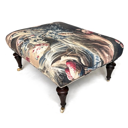 135 - HEARTH STOOL, rectangular French style tapestry print fabric on turned supports.